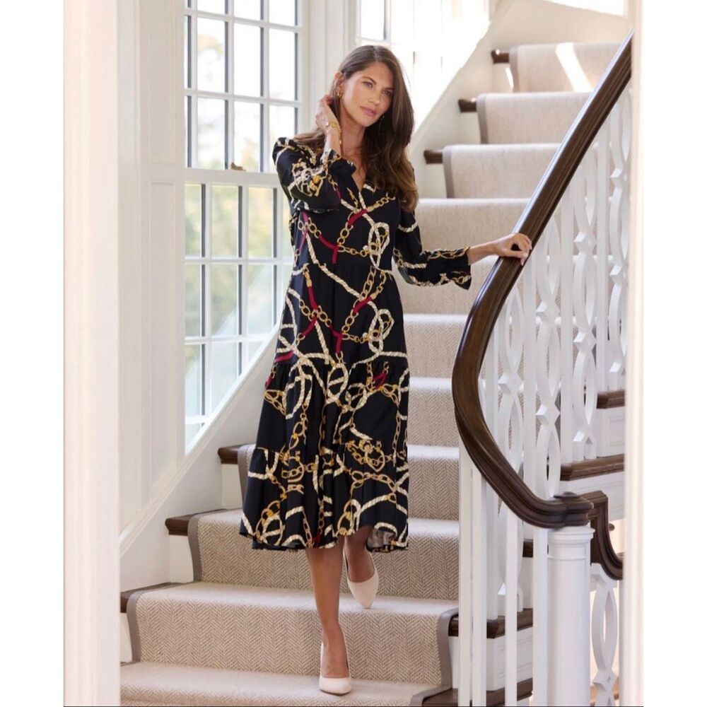 Jude Connally Maggie Dress Black Equestrian Chain Print Midi XS